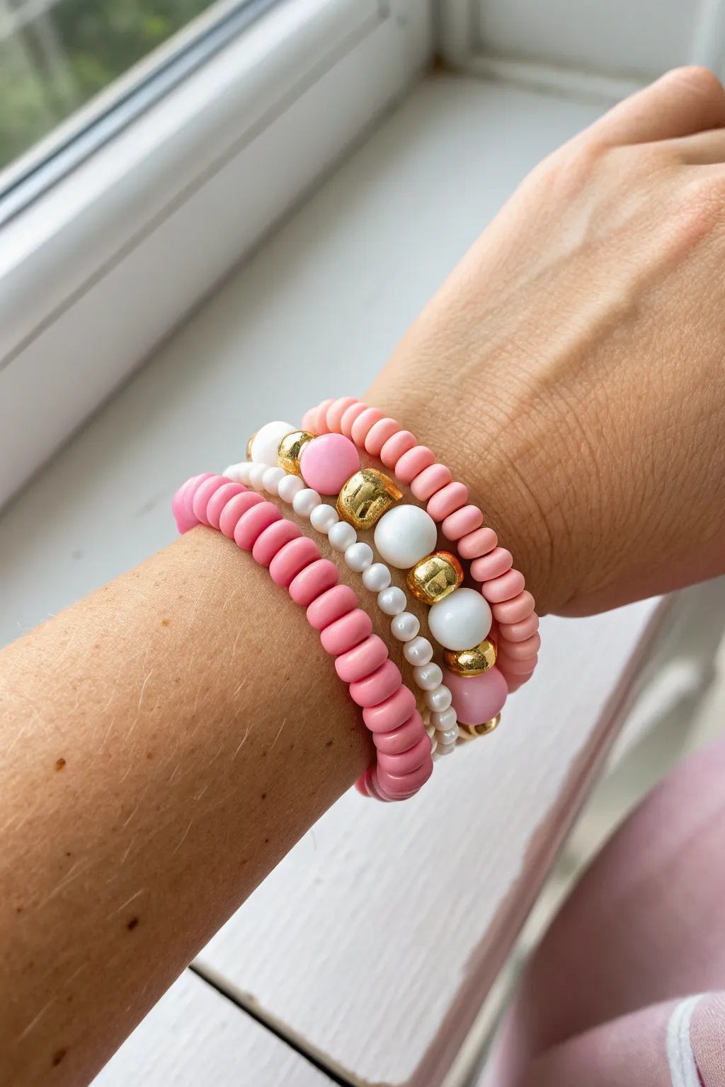 Three pink clay bead bracelets stacked: ombre, stripes, pearls and gold spacers for a preppy set
