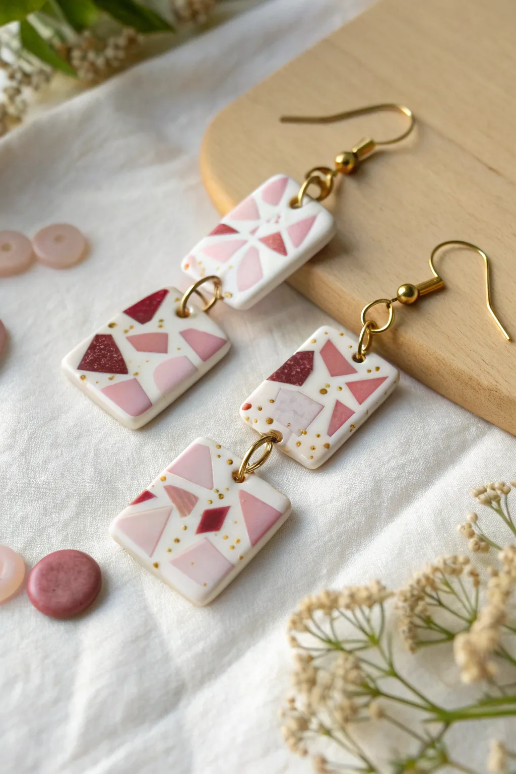 Soft pink terrazzo polymer clay earrings that add a minimalist boho pop to any look