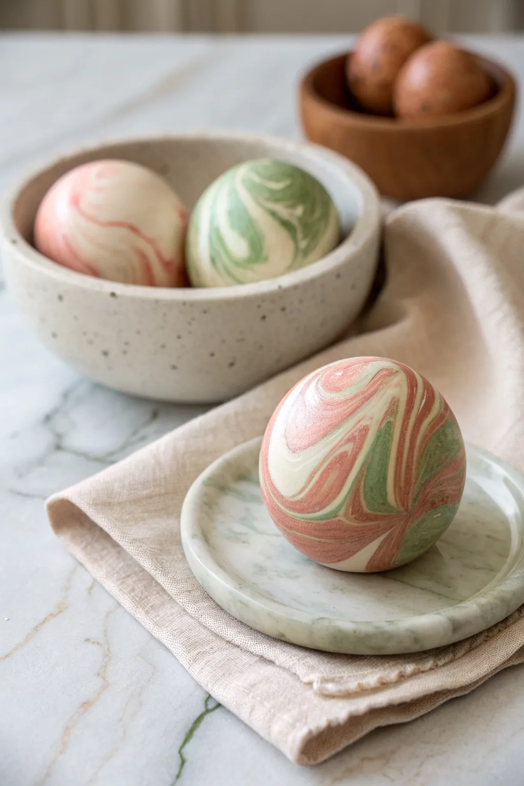Marbled plasticine blends in blush, sage, and cream—simple swirls that look handcrafted and calm.