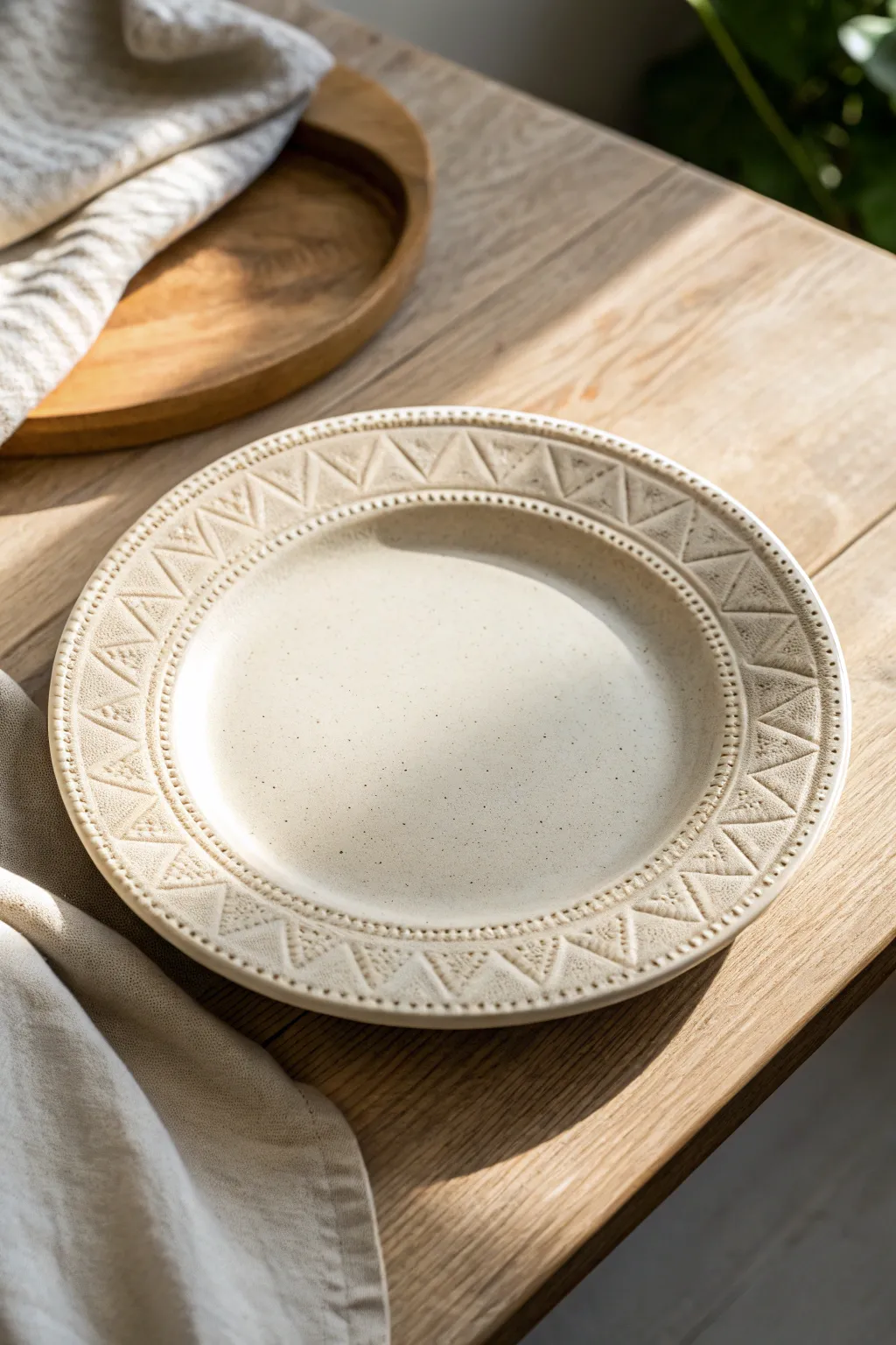 Minimal plate with a stamped rim band in one glaze, letting light and shadow highlight texture.