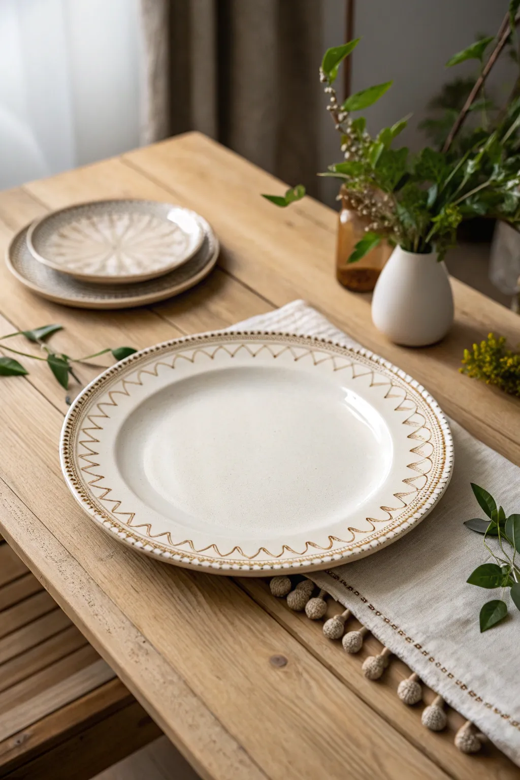 Sweet scalloped rim illusion with tiny repeating arches and dots for an easy, polished plate design.
