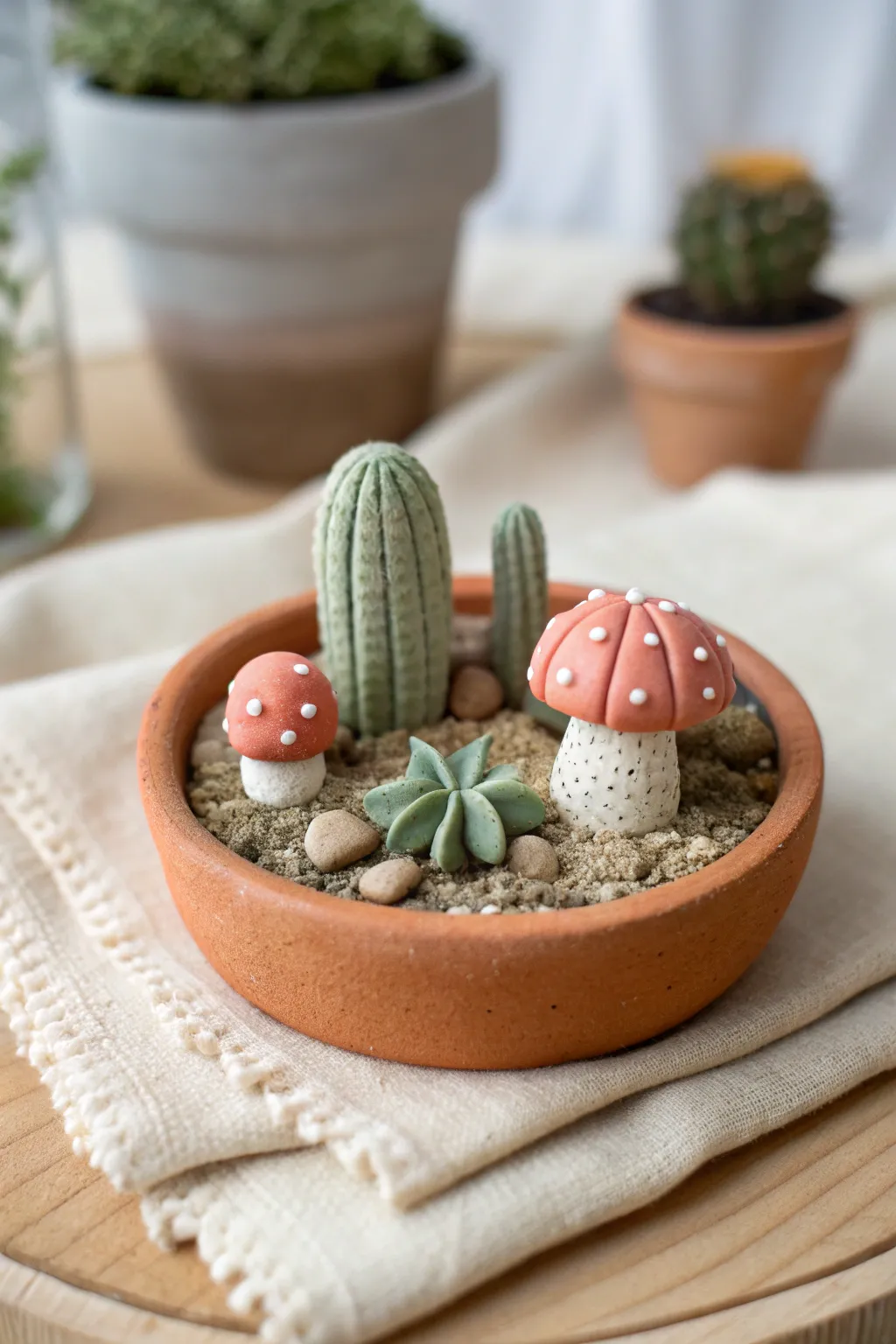 Mini play clay desert garden with two cacti and sweet mushrooms, simple shapes and cozy tones