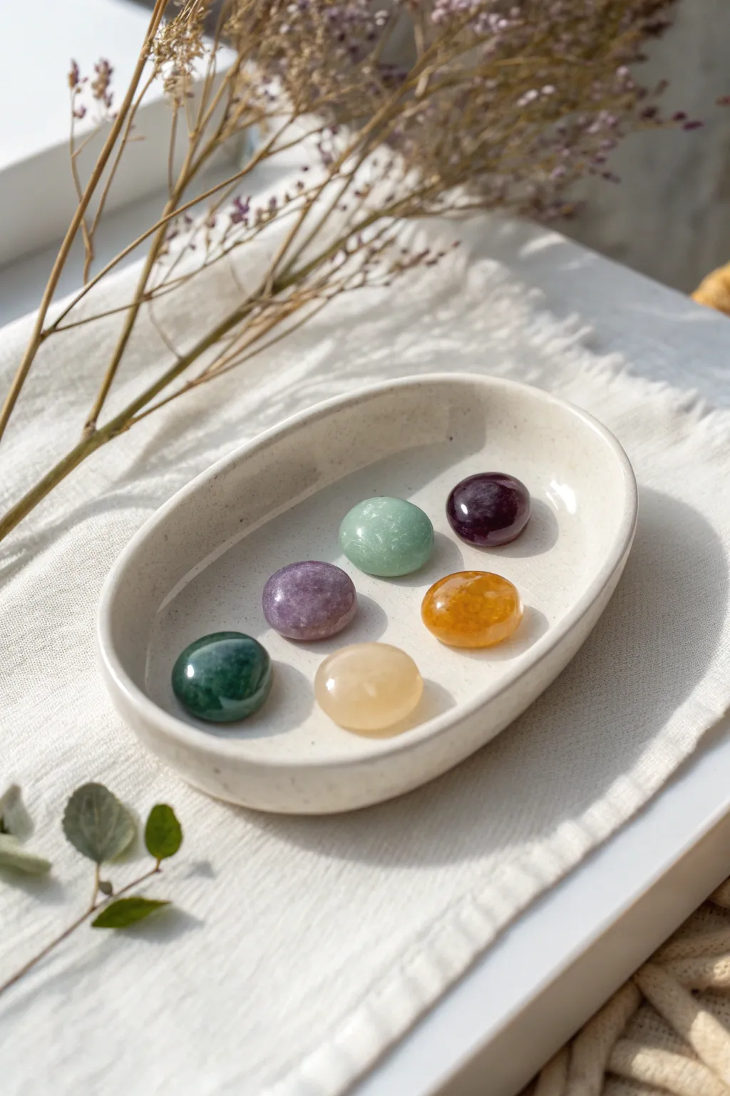 Glossy faux gemstone cabochons in jade, amethyst, and amber tones—minimal, chic, and handmade.