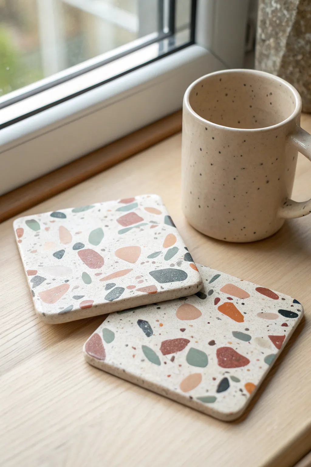 Two terrazzo-style polymer clay coasters in soft earthy tones, styled with a simple mug.