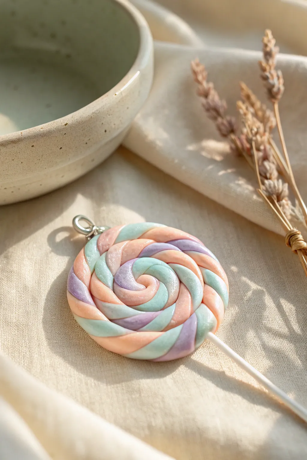 Translucent pastel candy swirl lollipop charm, minimal styling, sweet and simple polymer clay inspo
