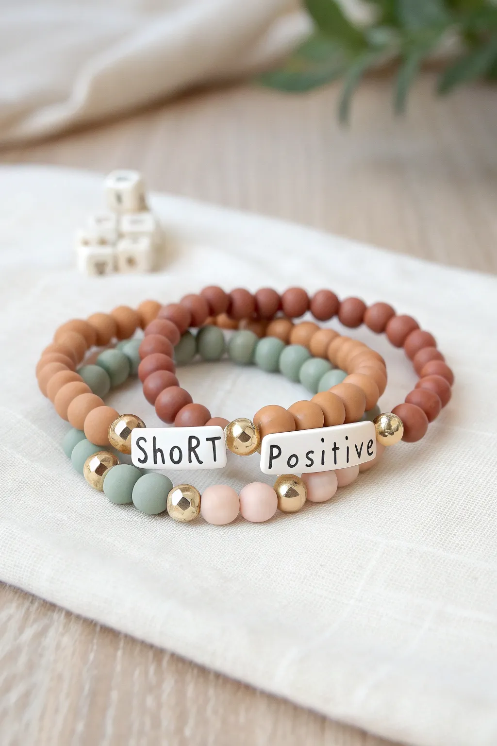 Coordinated message stack: polymer clay bead bracelets with letter beads in soft boho neutrals.