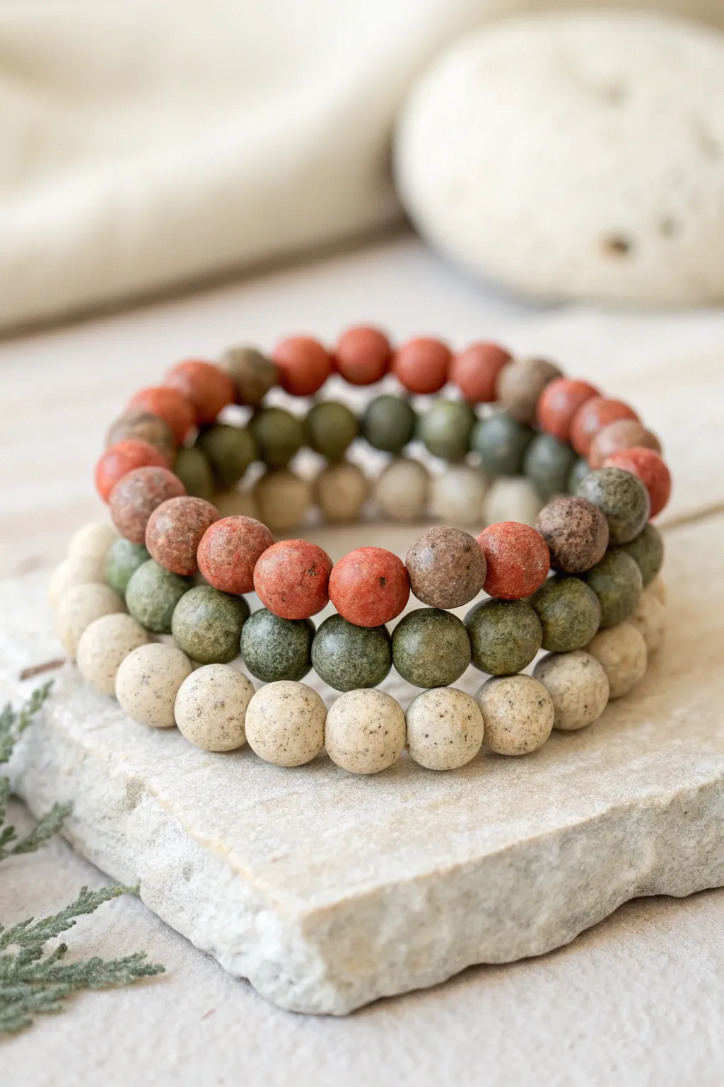 Faux stone polymer clay bead bracelets in sand, clay red, moss, and slate for grown-up stacks.