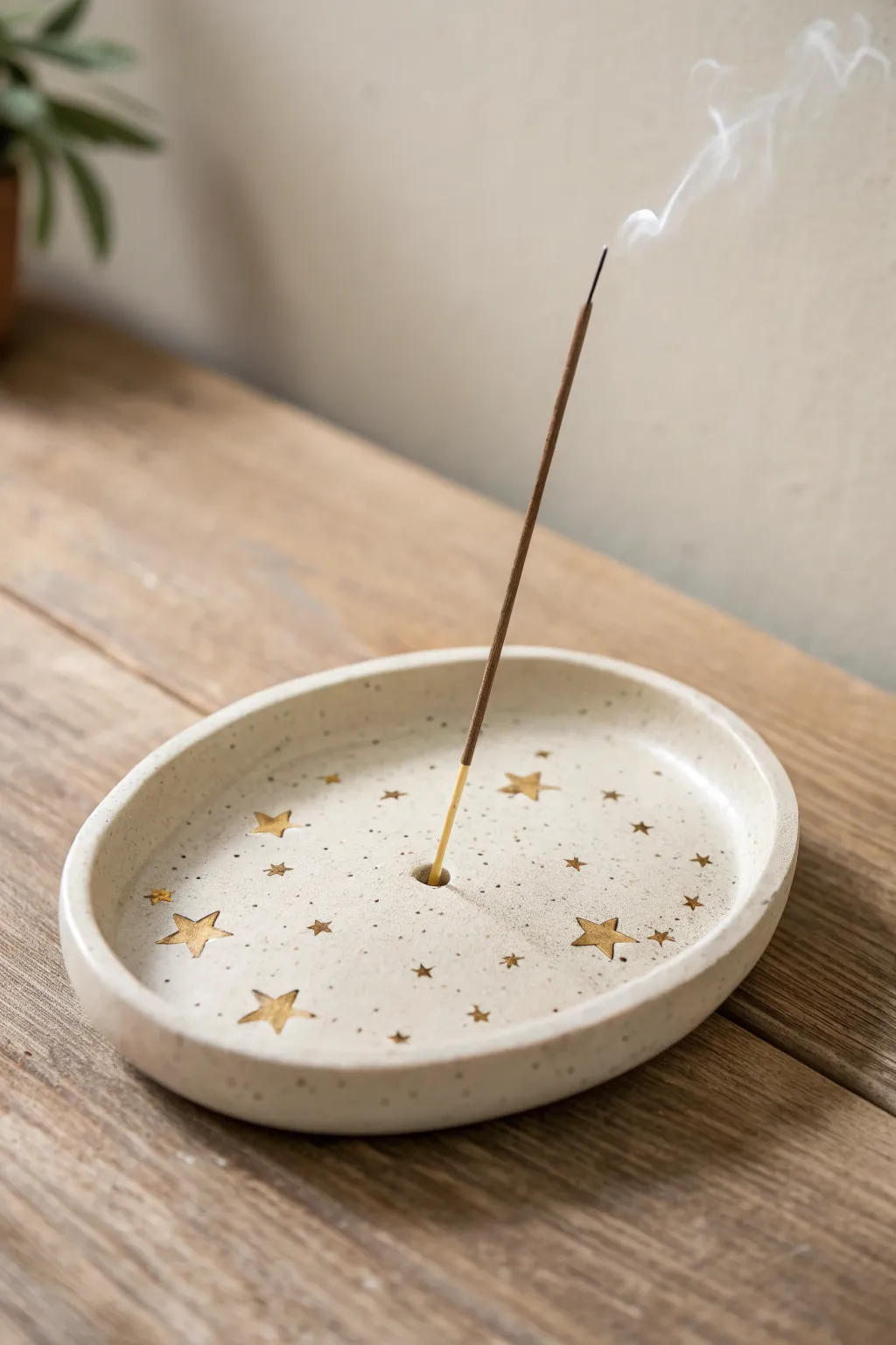 Minimal starry polymer clay incense tray for a calm birthday reset and cozy evening rituals.