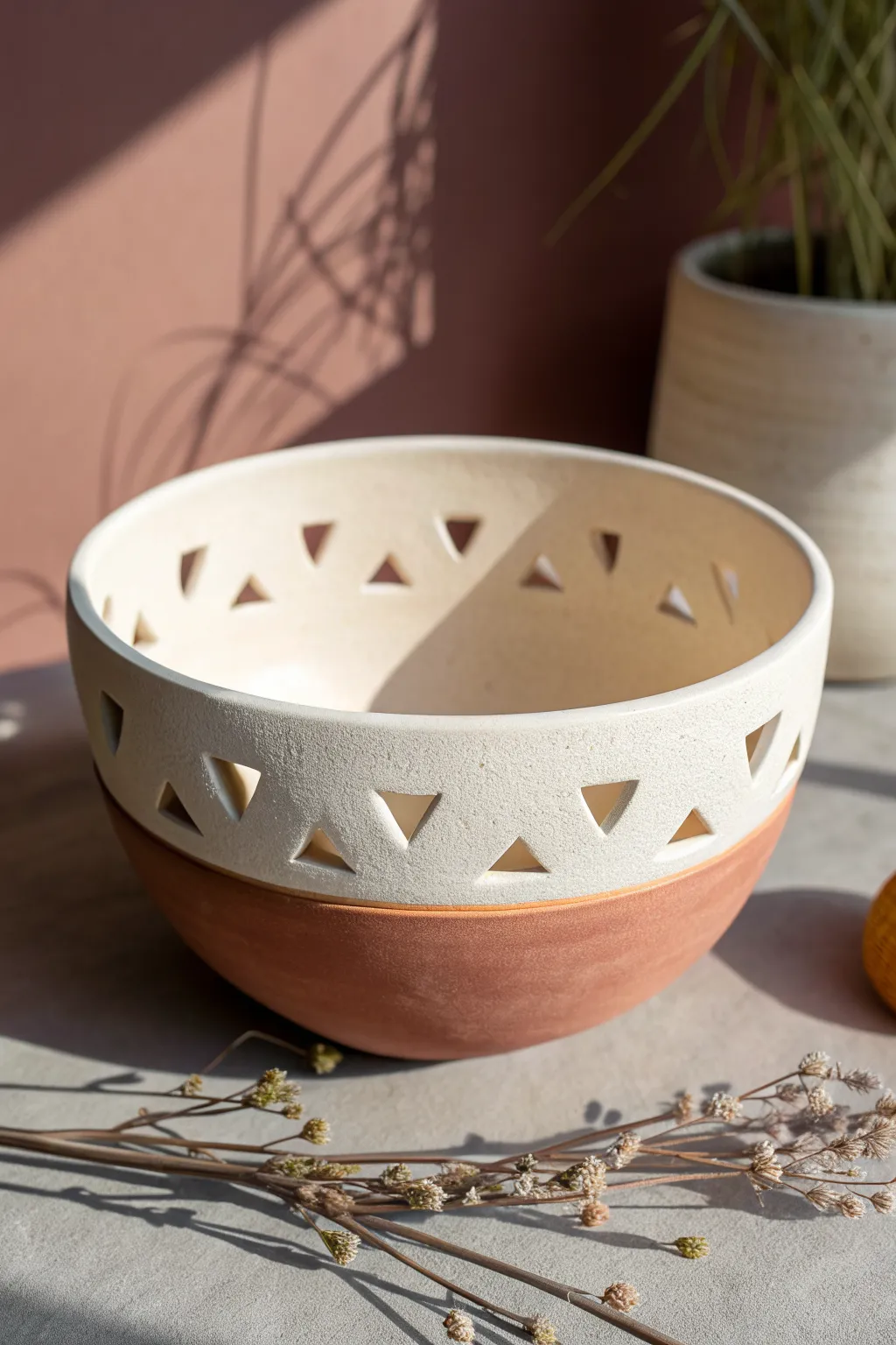 Layered peekaboo polymer clay bowl with clean cutouts and a warm contrasting color beneath