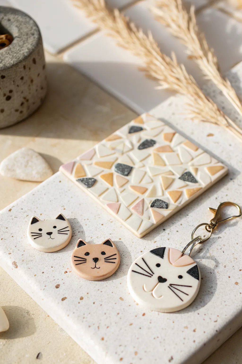 Slice-style polymer clay cat cane tiles with a finished pendant charm in soft Scandinavian tones