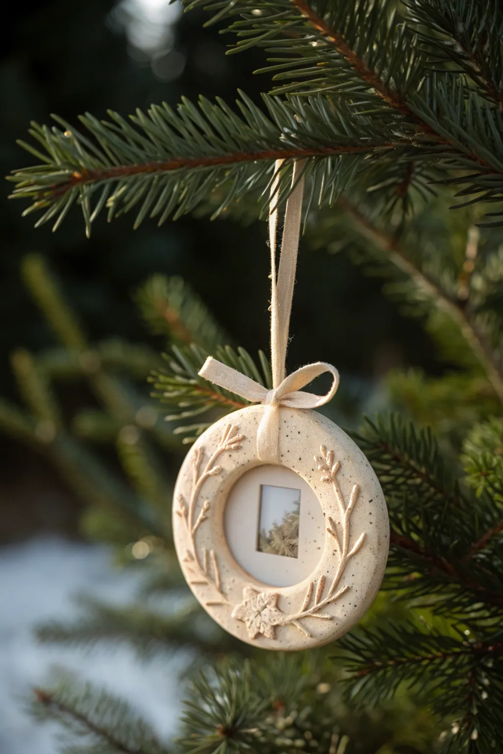 Minimal clay photo frame ornament on linen ribbon, a sweet keepsake for the Christmas tree
