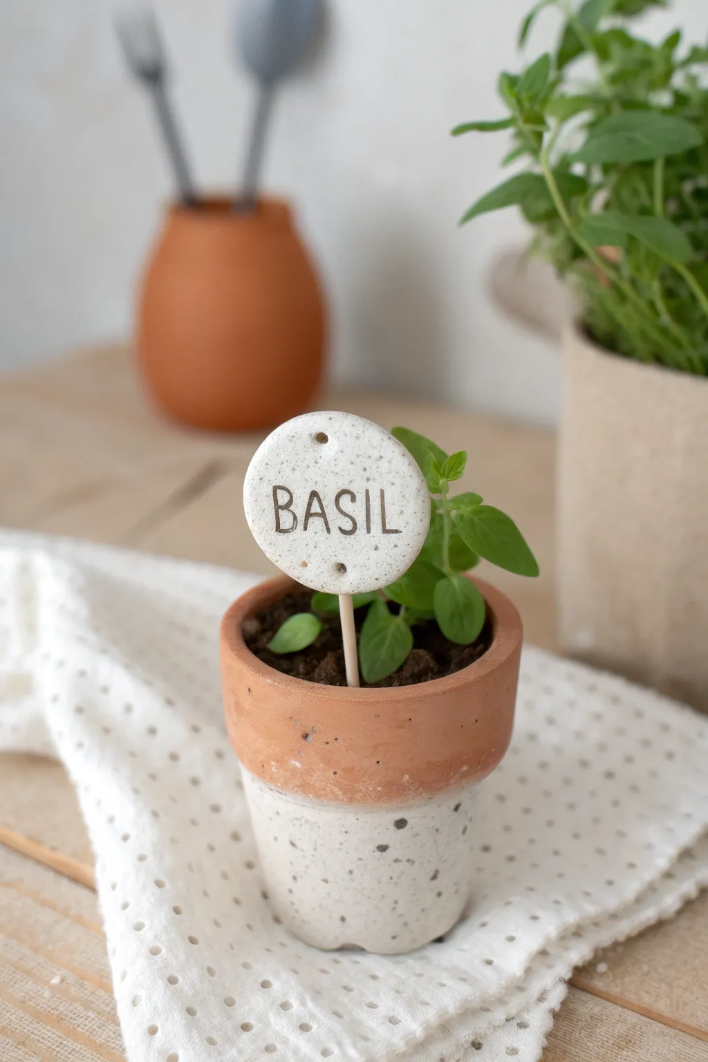 Minimal stamped polymer clay plant marker in a herb pot, rustic-neutral and Pinterest-ready