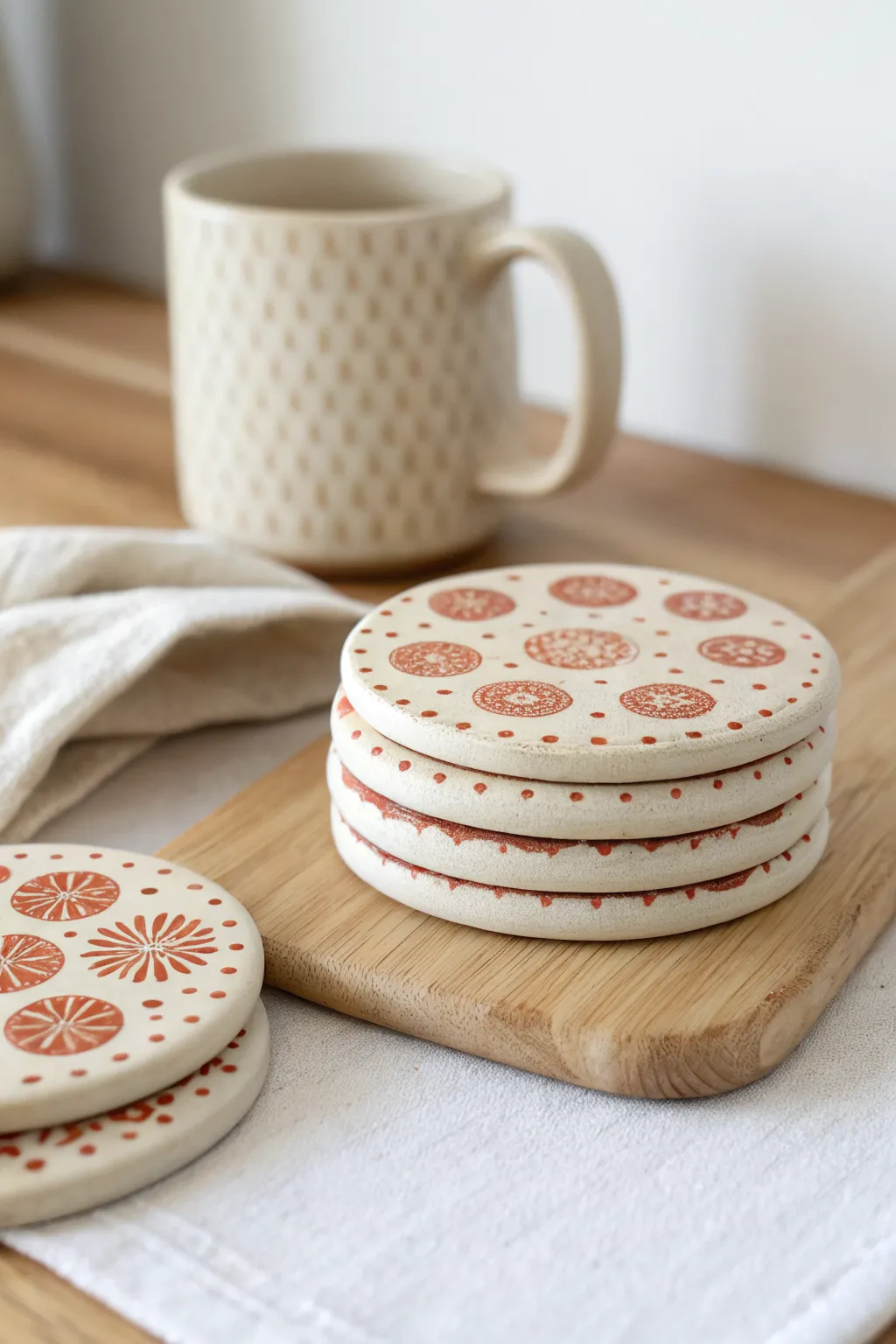 Stamped texture polymer clay coasters stacked neatly, minimalist boho vibe in warm natural tones.