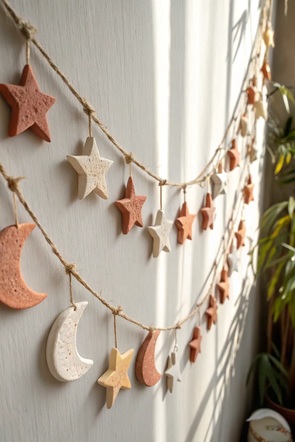 Minimal polymer clay moon and star garland in soft neutrals, glowing in gentle daylight