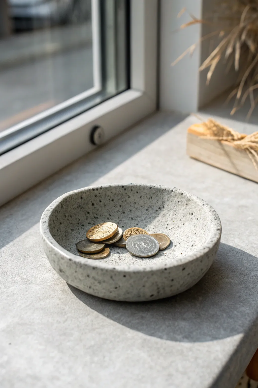Speckled faux stone pebble dish made from polymer clay, a minimalist coin catchall.