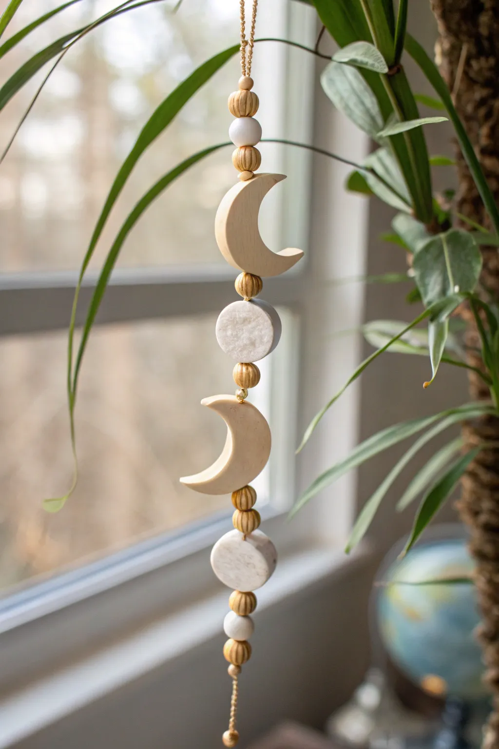 Minimal moon and bead polymer clay garland in soft neutrals for a calm boho accent