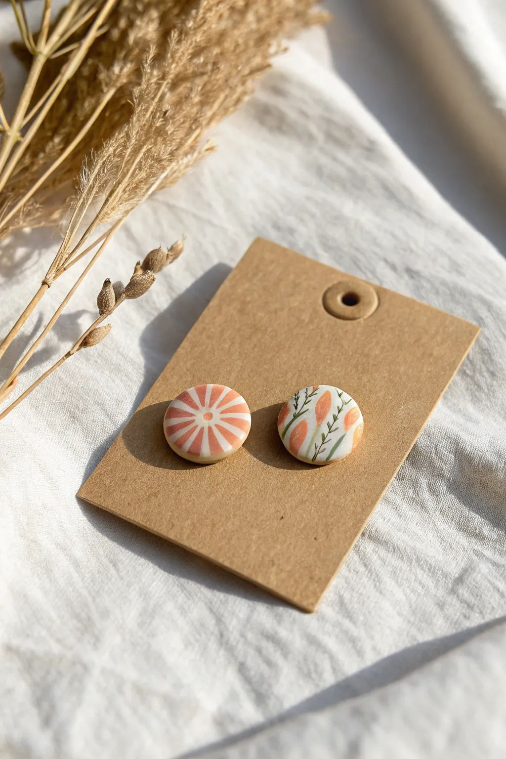 Minimal cane-slice polymer clay studs on kraft card, colorful yet calm Scandinavian-boho vibe.