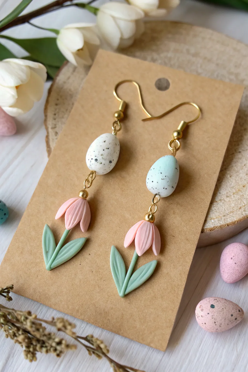 Polymer clay tulip and pastel egg drop earrings in minimalist Scandinavian spring styling.