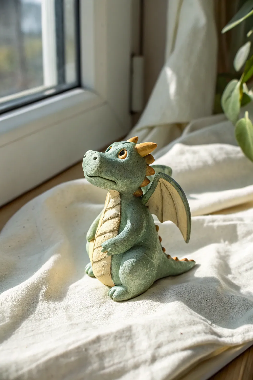 Pocket-sized polymer clay dragon with tiny wings, minimalist boho charm and soft textured scales.