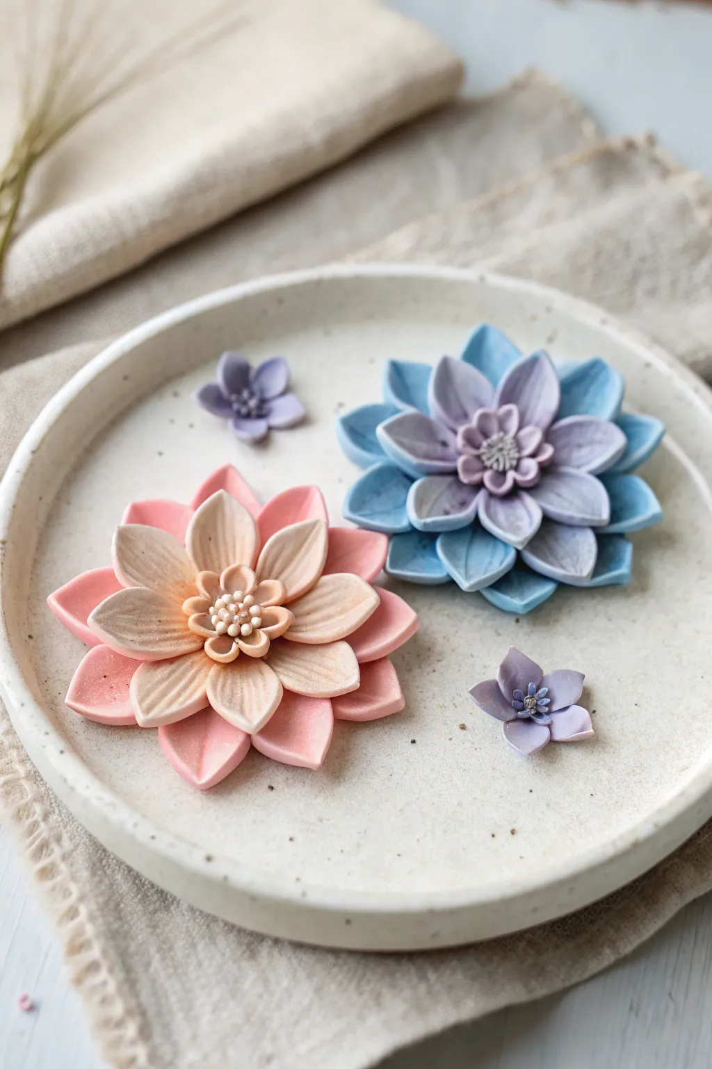 Soft gradient polymer clay blooms in peach to pink and blue to purple, minimalist style