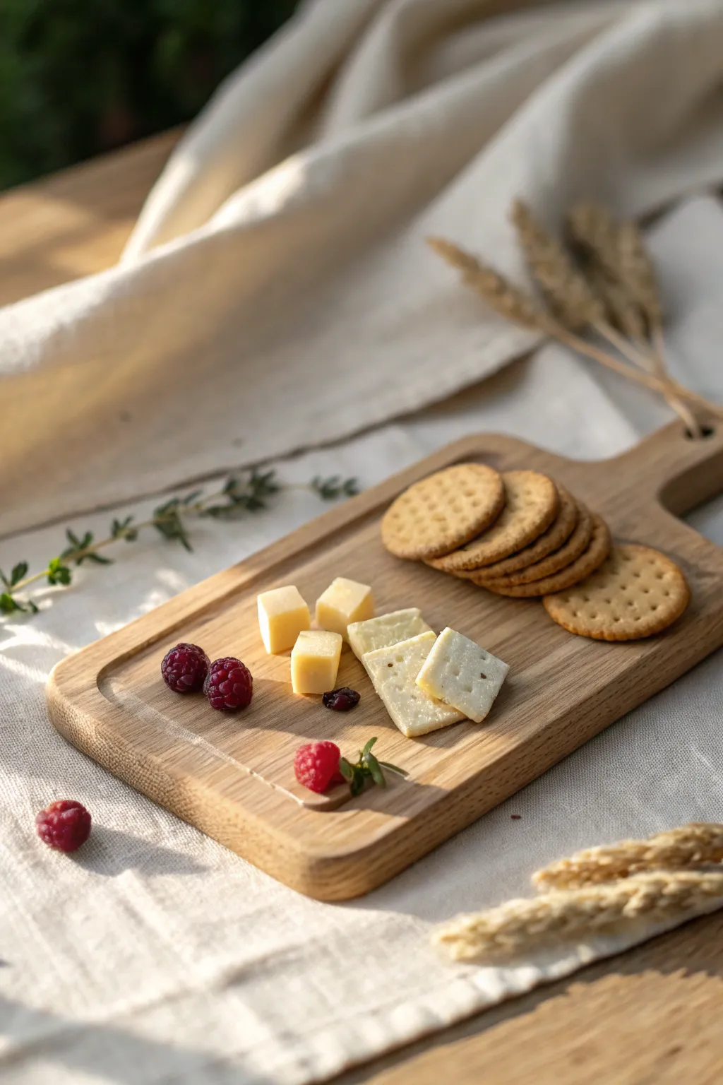 Mini polymer clay charcuterie board with cheese cubes, crackers, and tiny fruit accents