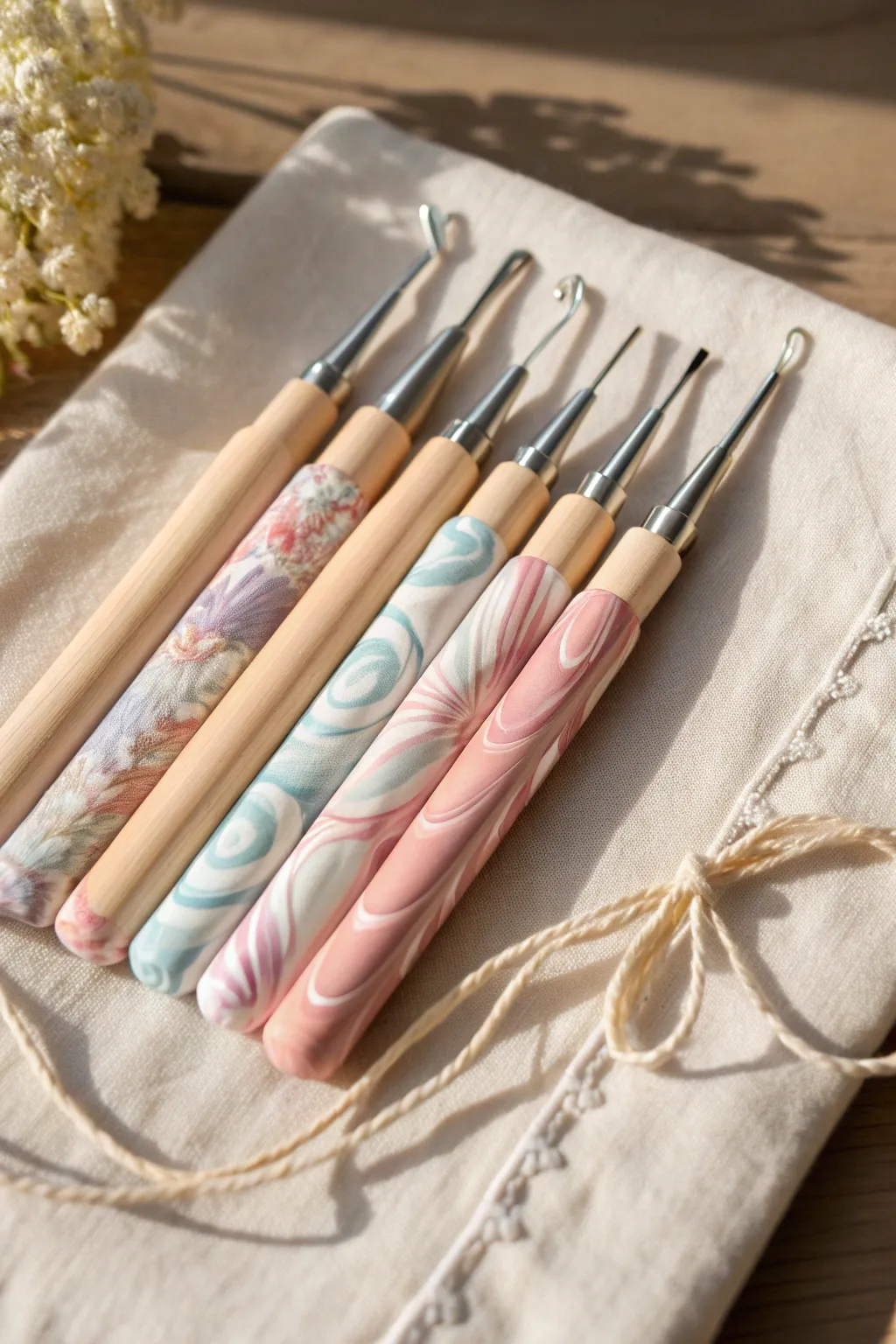 Ribbon-tied crochet hooks with soft polymer clay handles, minimal, cozy, and gift-ready.