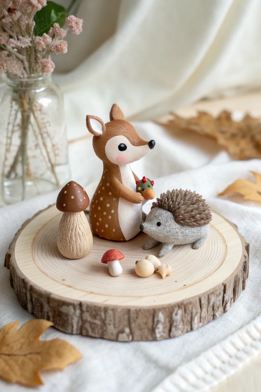Whimsical polymer clay woodland friends with tiny acorn and mushroom, made simple and sweet.