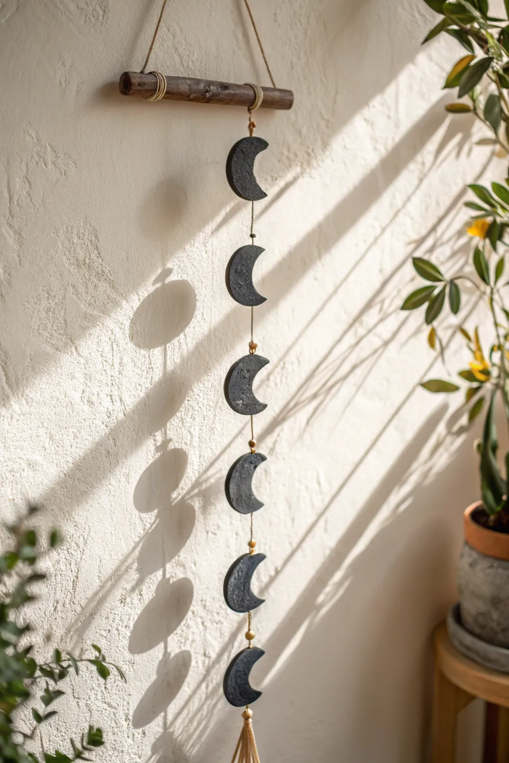 Minimalist polymer clay moon phase wall hanging, Scandinavian calm with a boho touch.