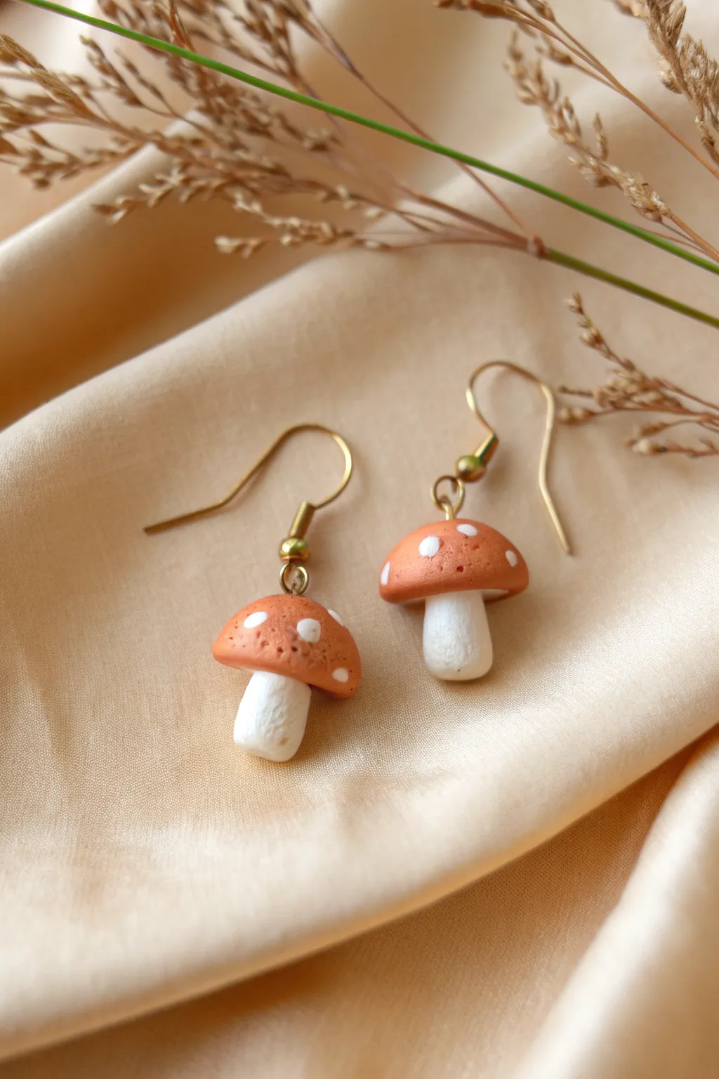 Mini polymer clay mushroom earrings with a cozy handmade vibe, perfect for beginner projects