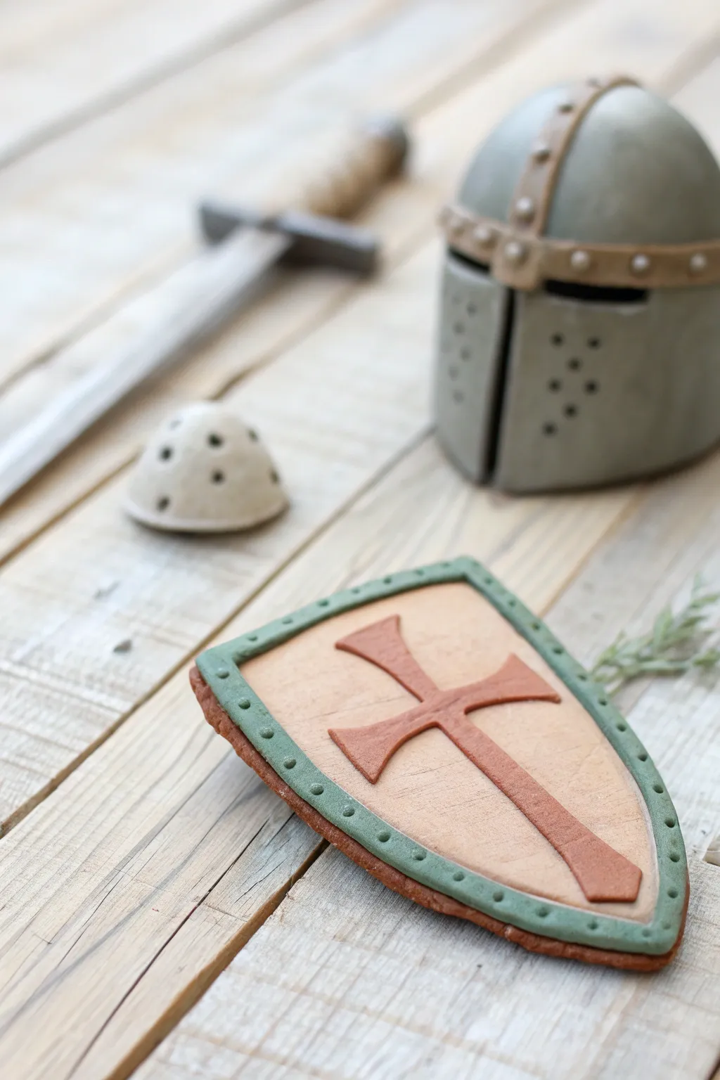 Chunky polymer clay shield with helmet and sword charms, a minimalist pretend-play set for boys