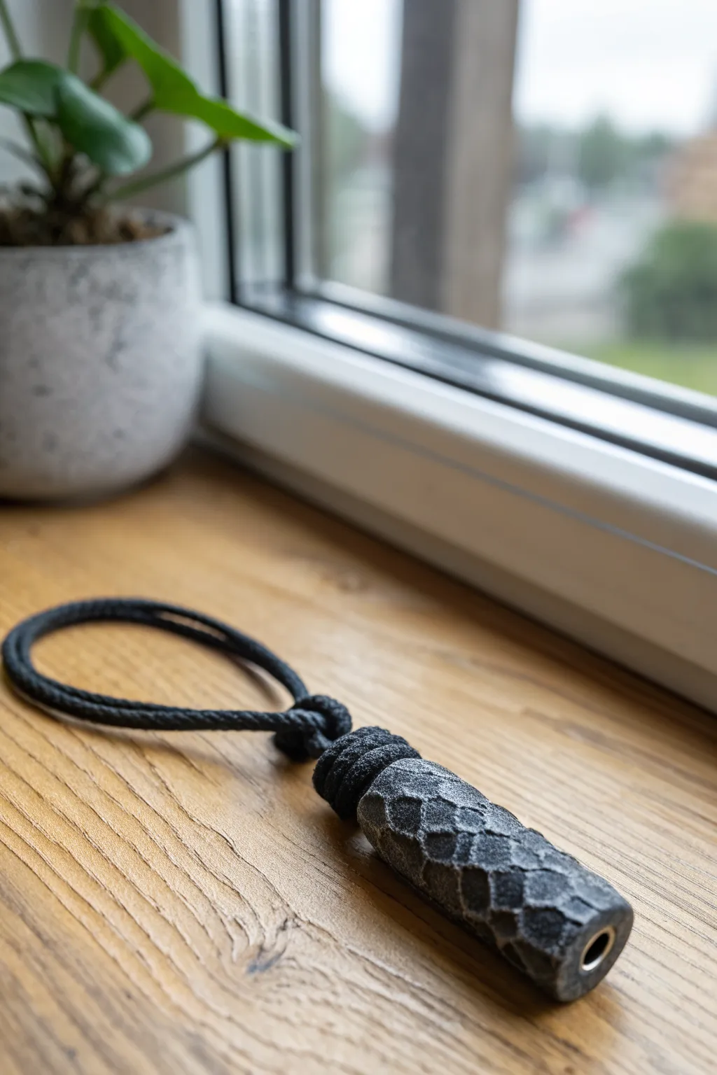 Rugged charcoal lanyard bead on paracord, minimalist EDC styling with natural contrast