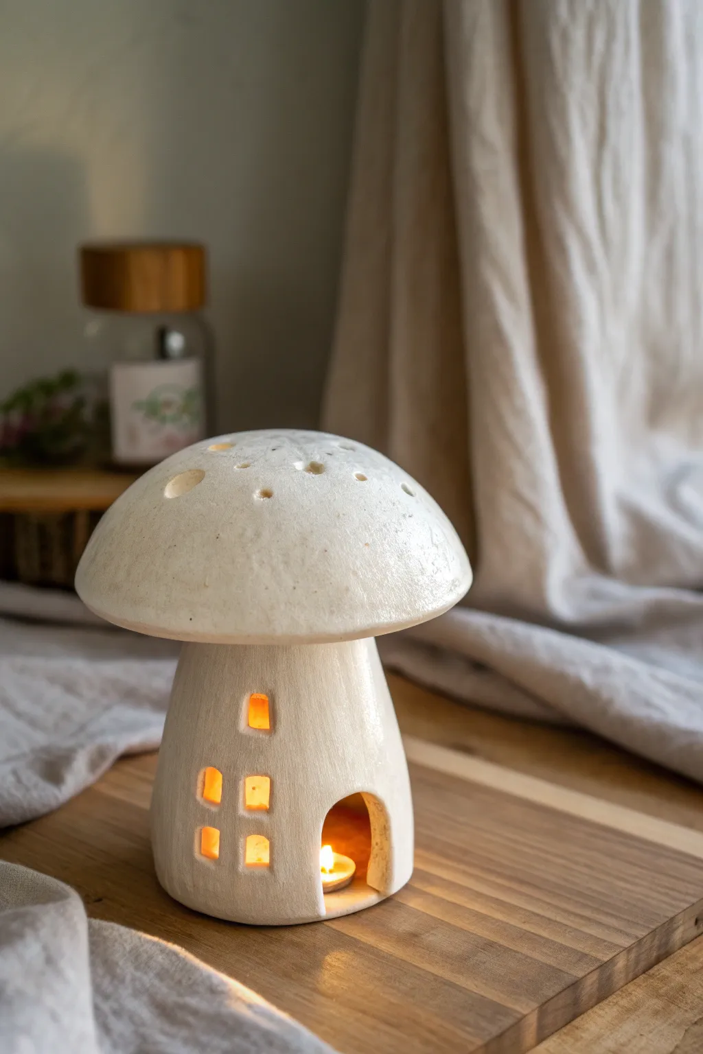 Minimal polymer clay mushroom tea light holder with a cozy warm glow for modern boho homes
