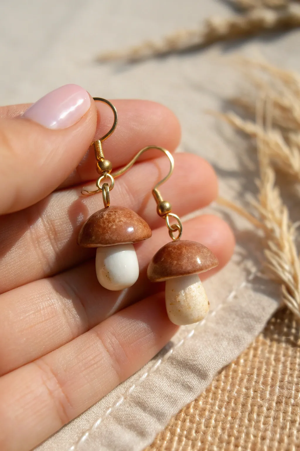 Tiny mushroom charm earrings in polymer clay, glossy caps and minimalist boho vibes