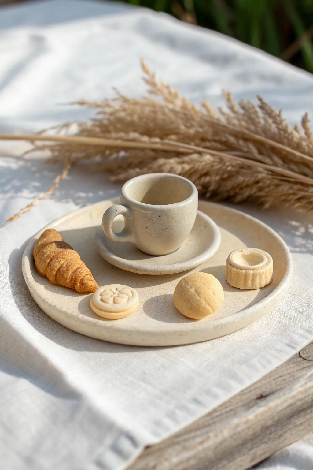 Mini polymer clay tea set with matching pastries, styled in calm Scandinavian boho tones.