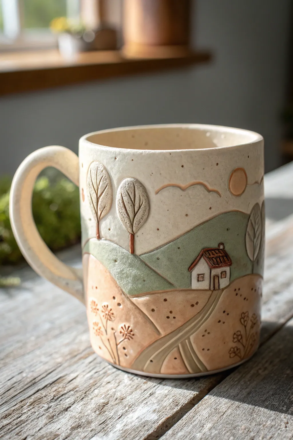 Wrap-around polymer clay story scene mug with hills, tiny house, and path in soft earthy tones