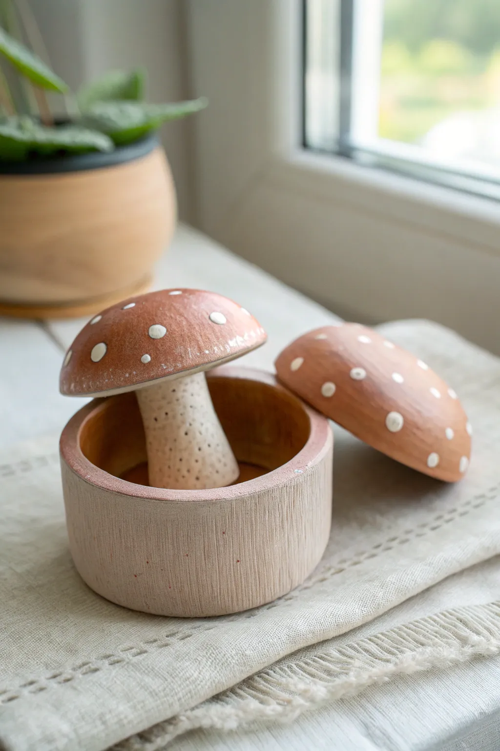 Minimal polymer clay mushroom trinket box with a lift-off cap lid, slightly open to reveal inside.
