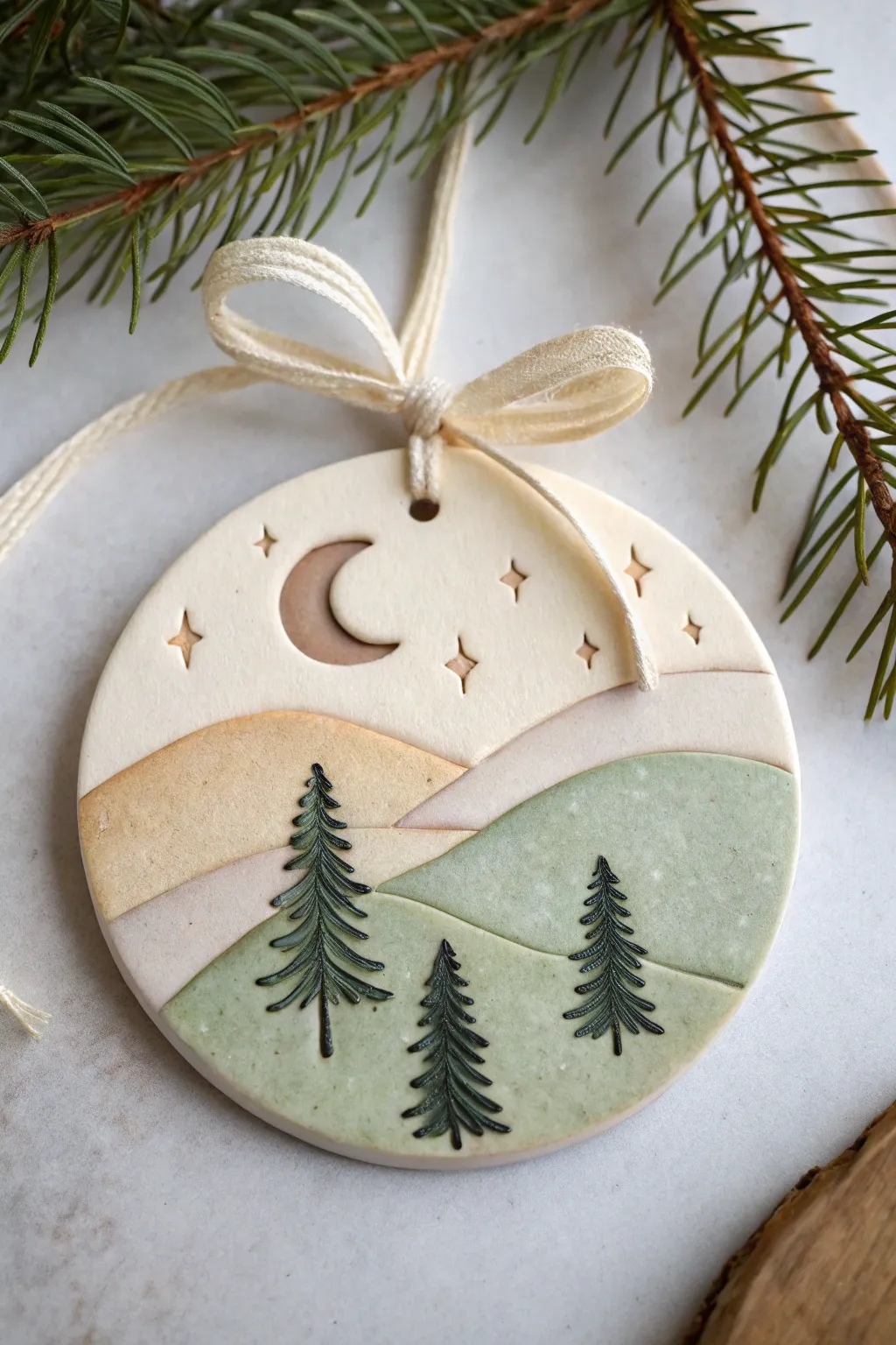 Minimal layered polymer clay ornament with trees and moon for a calm, dreamy silhouette scene.