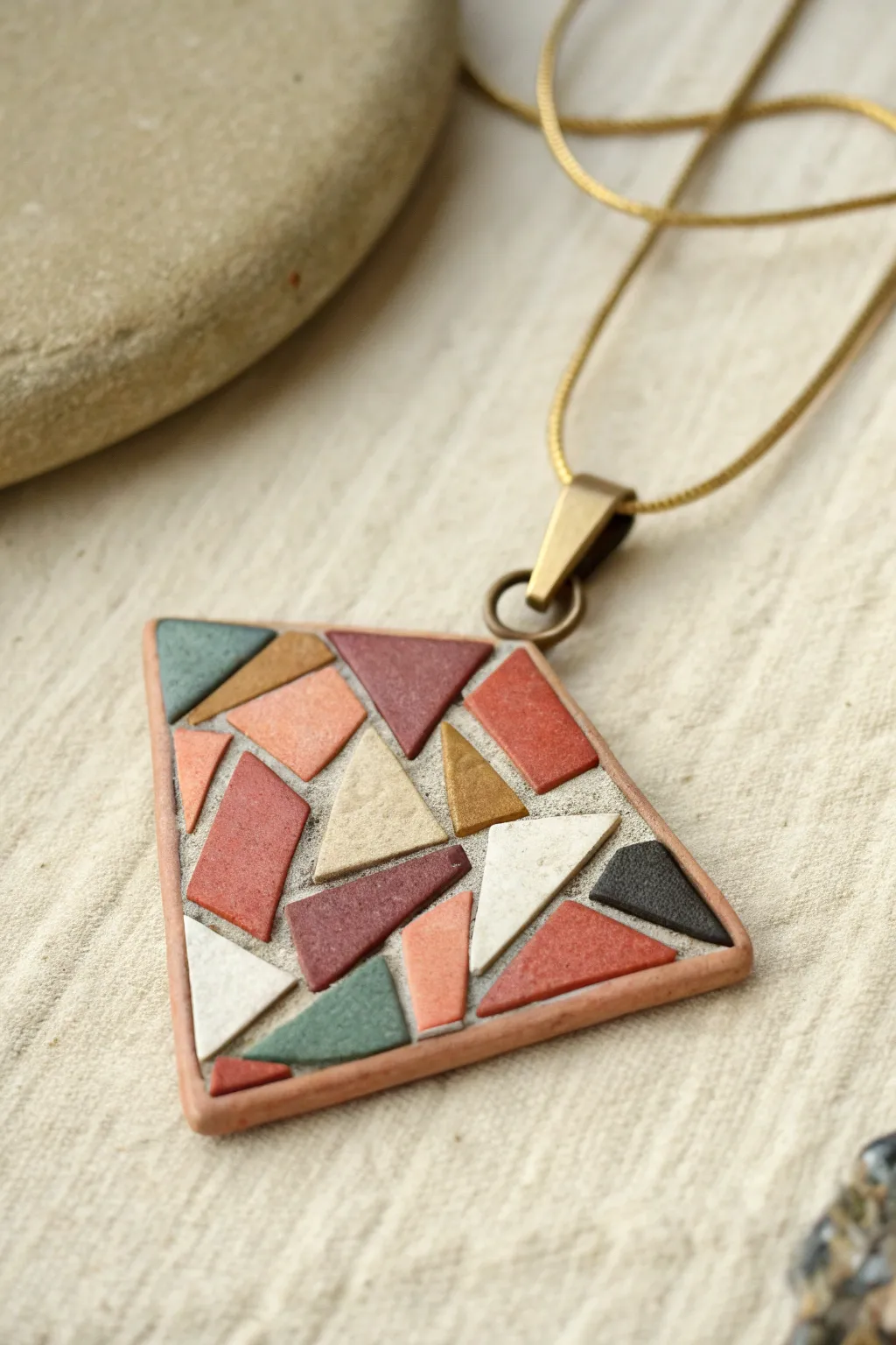 Scrap patchwork mosaic polymer clay pendant, playful colors on a calm minimalist backdrop