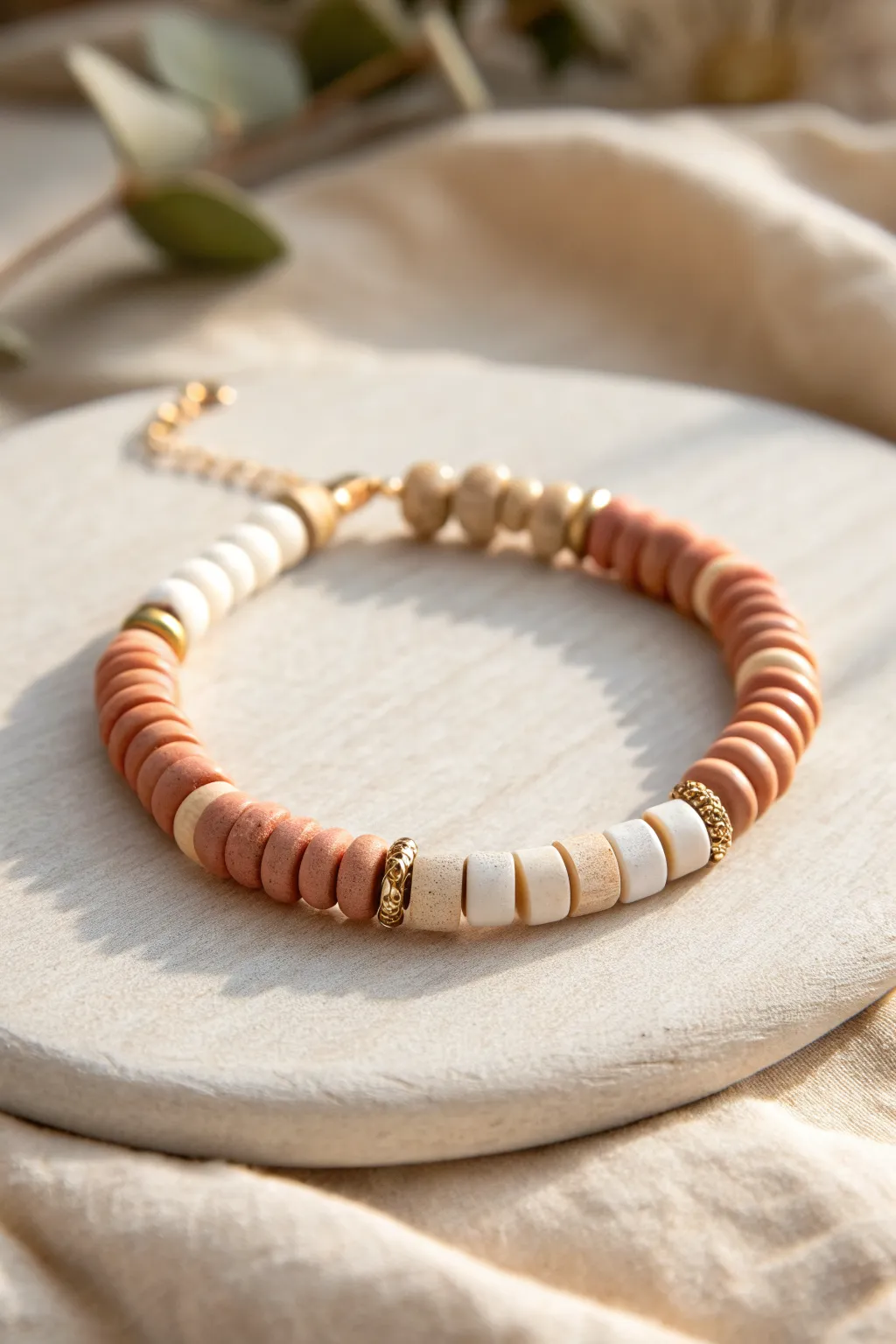 Soft matte heishi beads with simple tube accents create an easy, tactile polymer clay bracelet