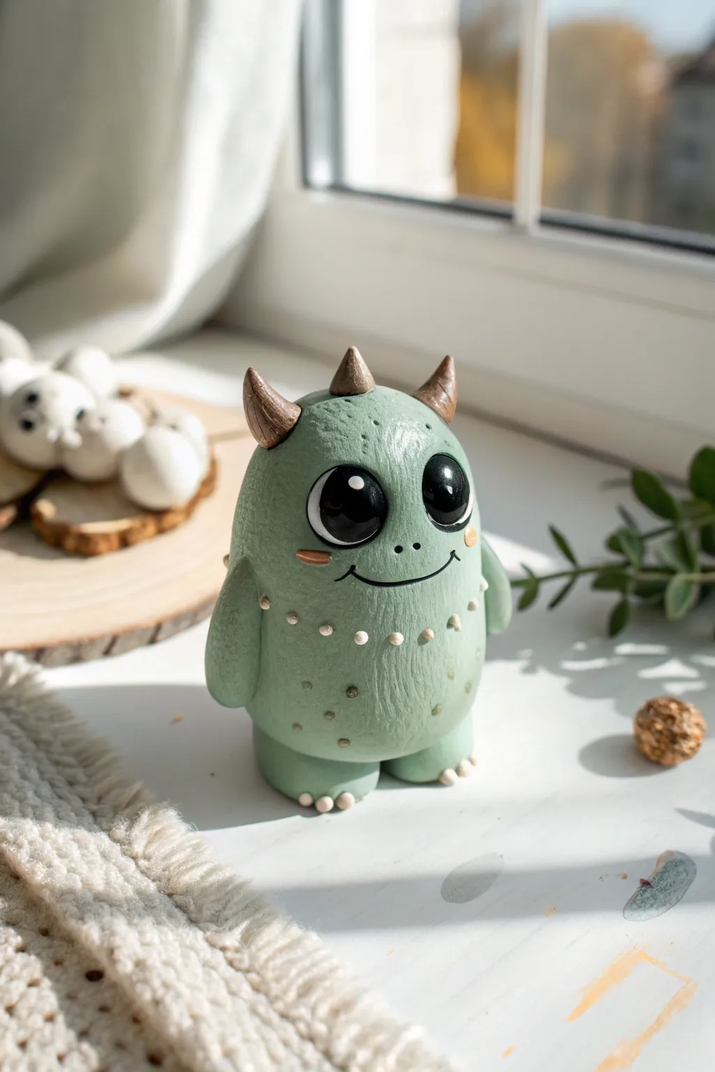 Sweet polymer clay mini monster with big eyes, simple texture, and minimalist Scandinavian styling