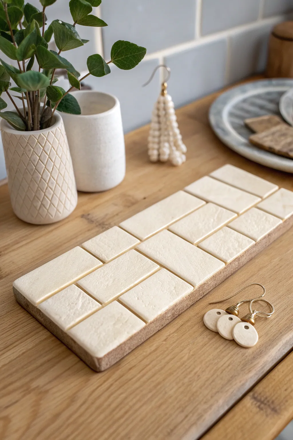 Faux tile grout-line slab with clean blocks and matching square and arch earrings in soft neutrals
