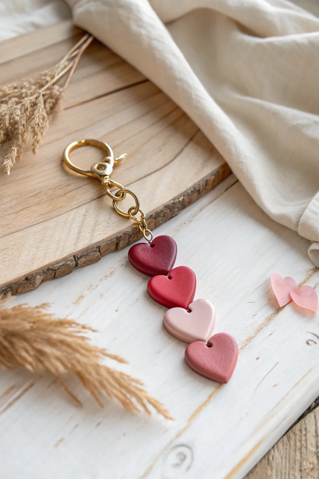 Gradient ombre heart stacks on a minimalist keychain, deep red fading to blush pink.