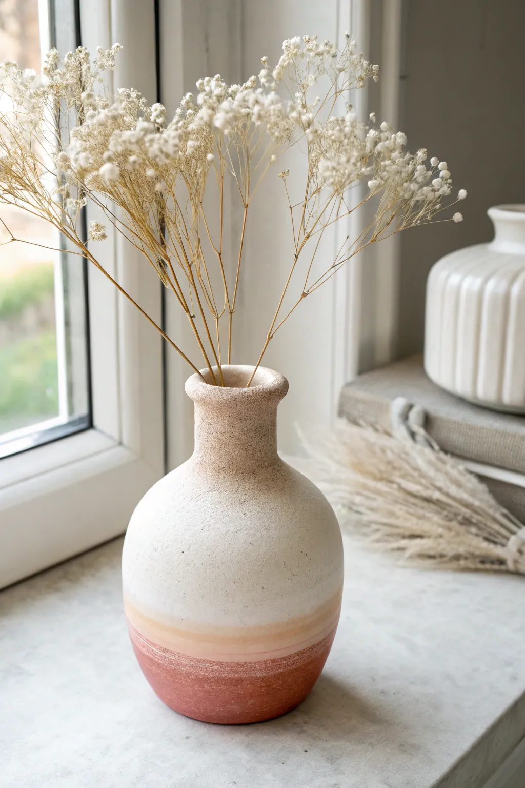 Smooth ombre polymer clay vase, blush to terracotta, styled with crisp white dried florals.