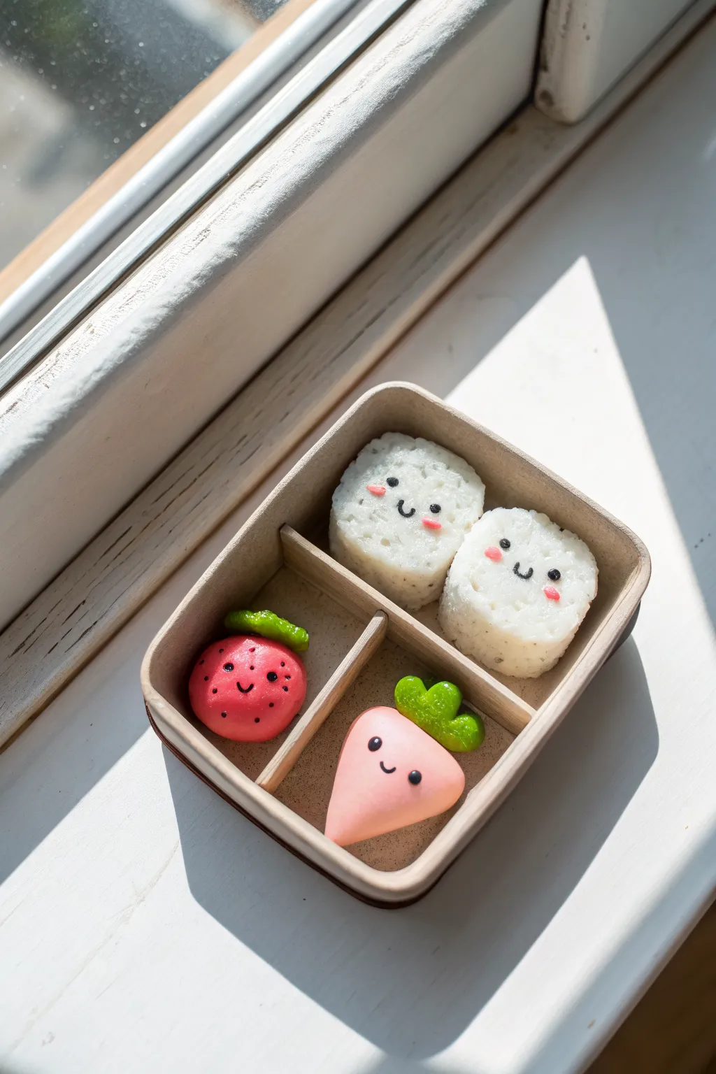 Tiny polymer clay bento box characters with sweet faces, a clean minimal flat lay for inspiration