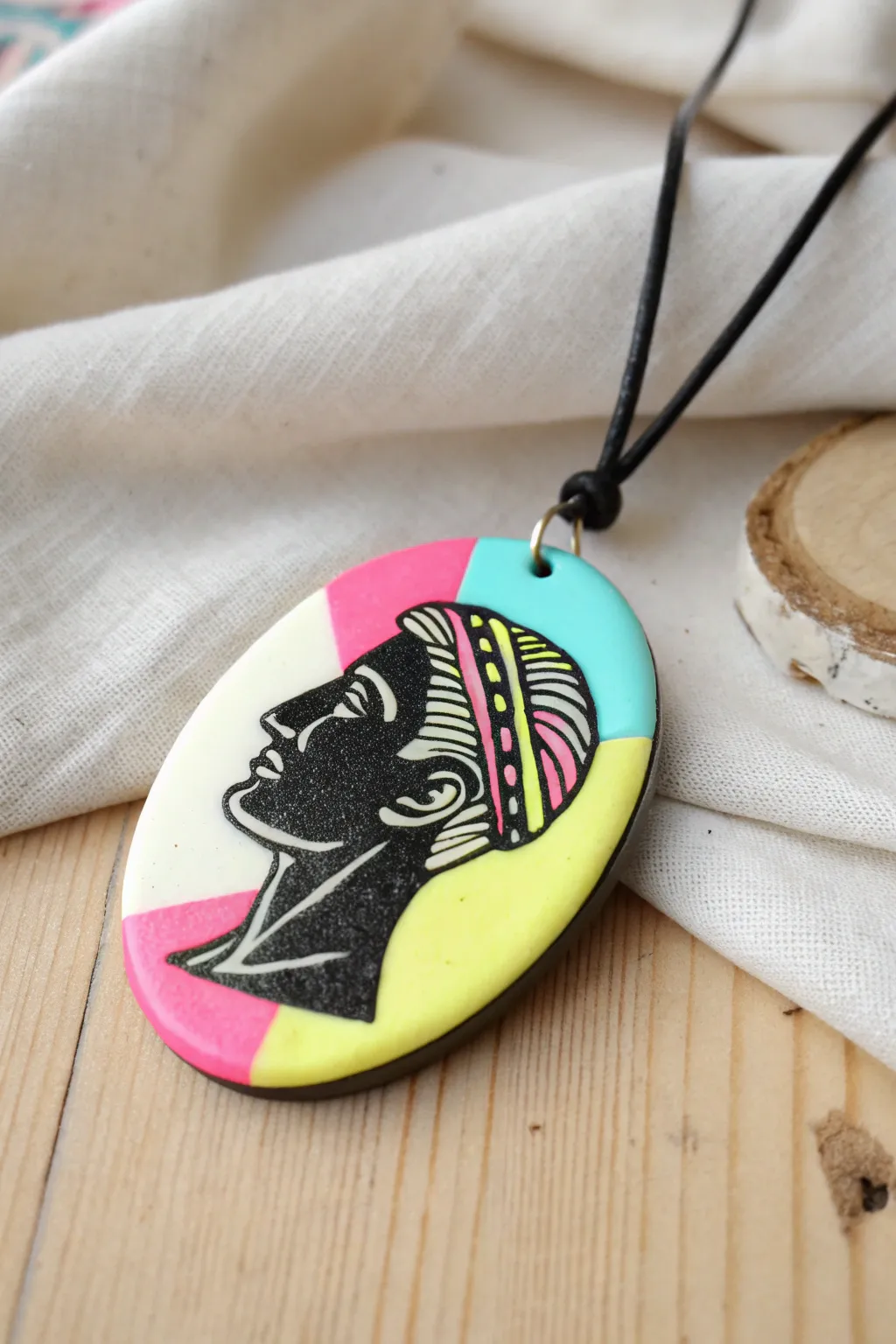 Neon pop art cameo medallion in clay, bold outlines and minimalist boho styling for your next DIY pendant.