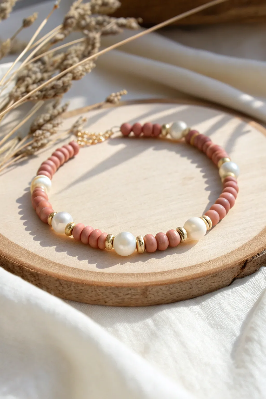 Matte heishi beads meet pearly accents for an effortlessly chic, minimalist boho bracelet.