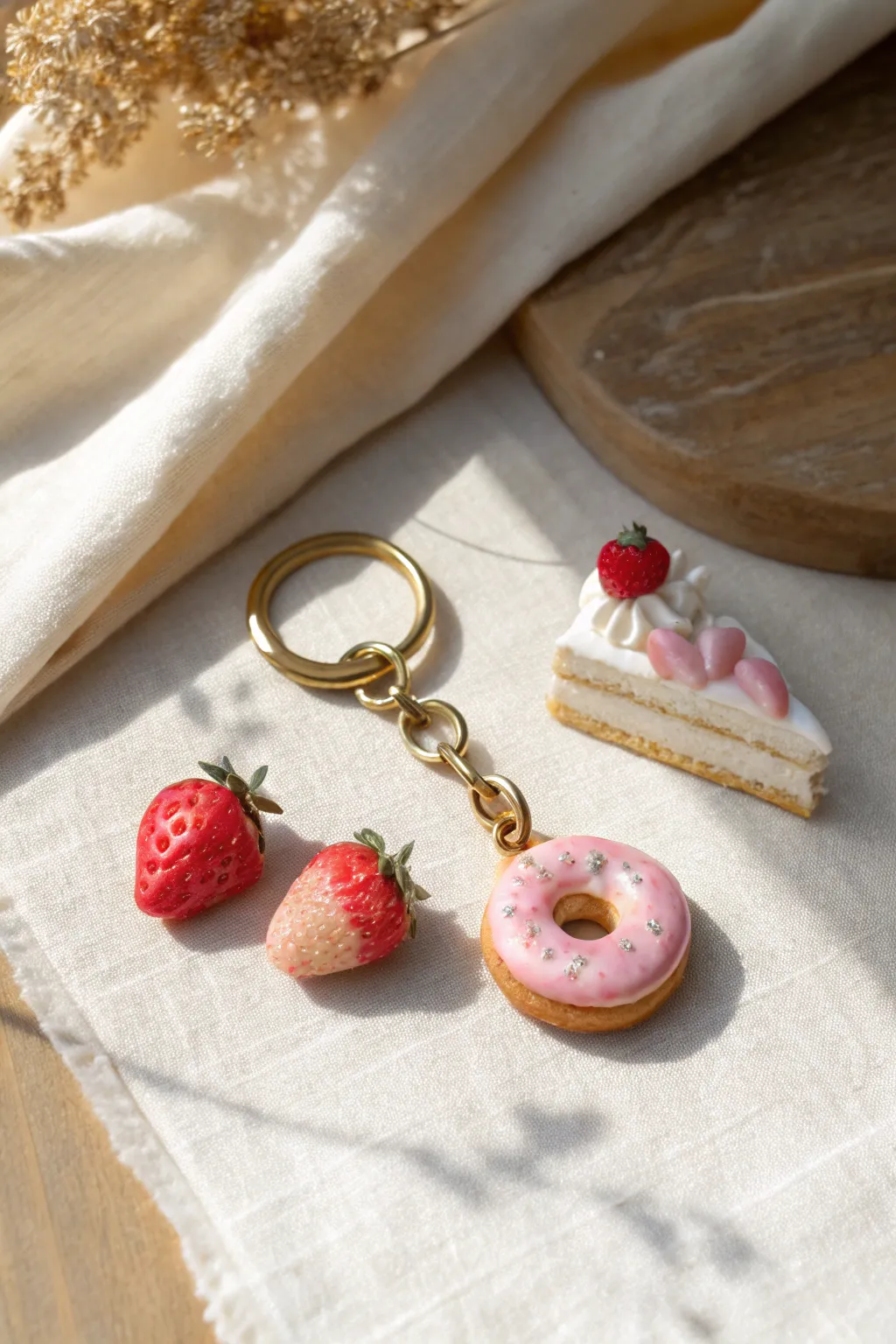 Porcelain clay mini food keychains in soft Scandinavian styling, sweet, simple, handmade charm.
