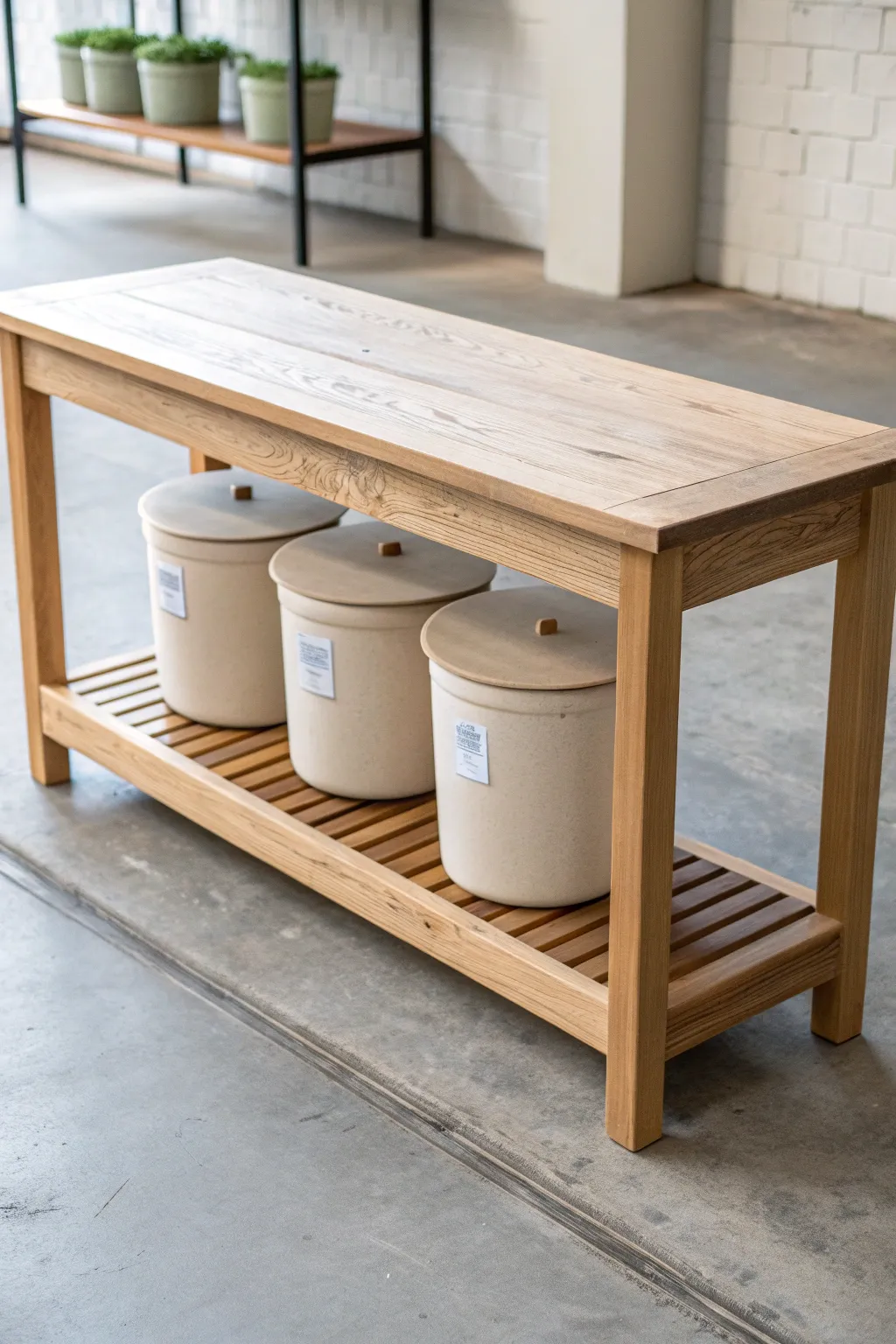 Neat reclaim bins tucked under the bench keep wet, dry, and recycle scraps beautifully organized.