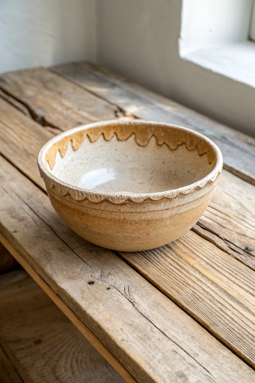 Wabi-sabi pinched bowl with an organic rim, warm clay tones, and calm minimalist styling.