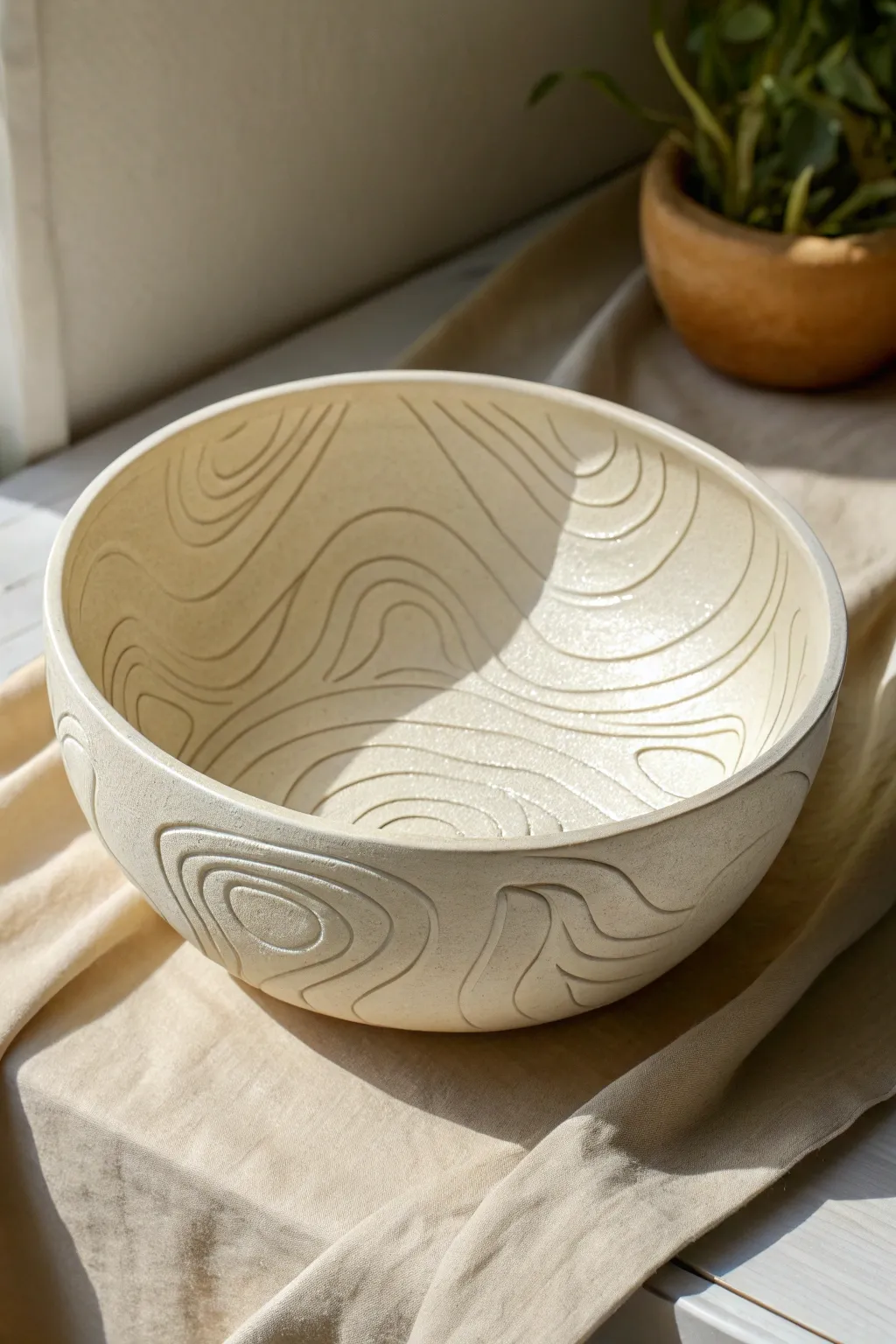 Carved contour lines turn a simple platter into a calm, topographic-inspired statement piece.